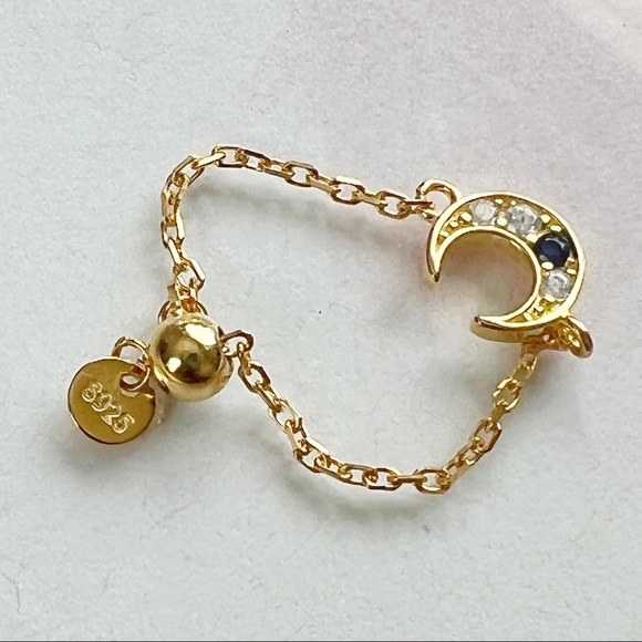 Lunar Crescent Moon Charm Blue Crystal CZ Adjustable Chain Ring Gold S925 Silver - Picture 4 of 7